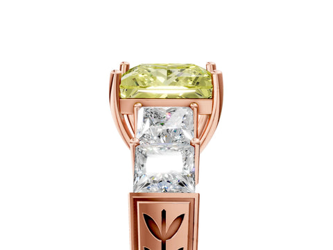 Rose gold Fancy Yellow Princess Cut Solitaire Princess Side Stone Engraved Band Prong Setting Ring_5