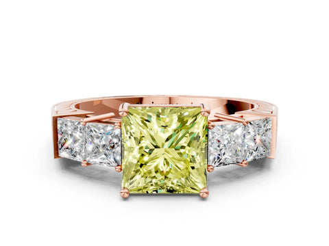 Rose gold Fancy Yellow Princess Cut Solitaire Princess Side Stone Engraved Band Prong Setting Ring