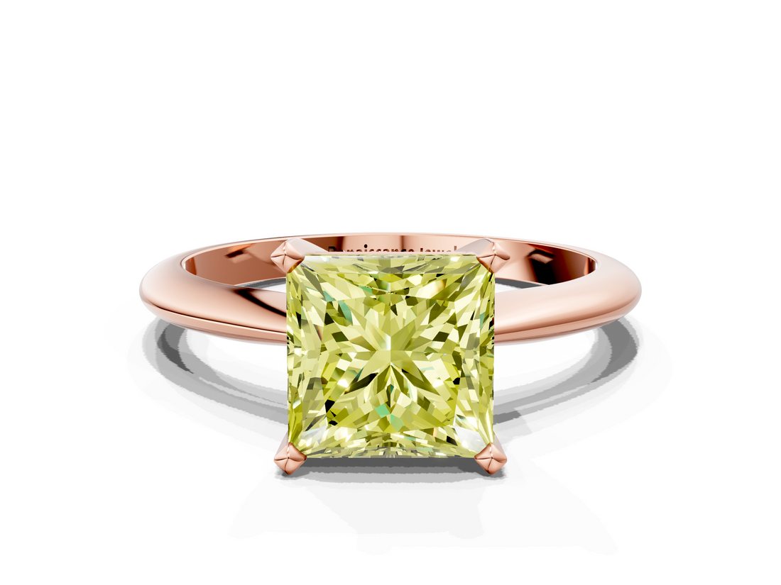 Rose gold Fancy Yellow Princess  Cut Solitaire Ring with Four-Prong Setting on a Classic Band