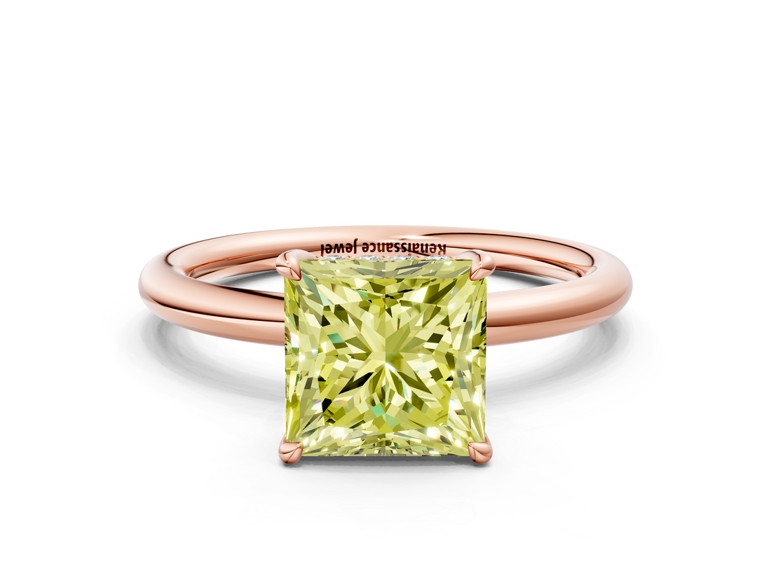 Rose gold Fancy Yellow Princess  Cut Solitaire Ring with Thin Band and Four-Prong Setting