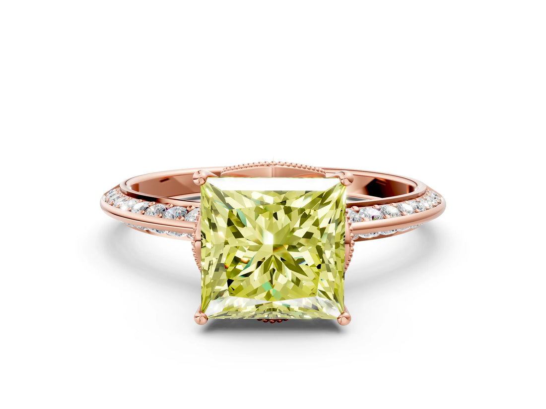 Rose gold Fancy Yellow Princess Cut Solitaire Split Shank Pave Diamond Engagement Ring with Four-Prong Setting_24