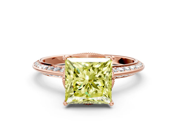 Rose Gold Princess Cut Graduated Pave Engagement Ring Setting for Fancy Yellow Center
