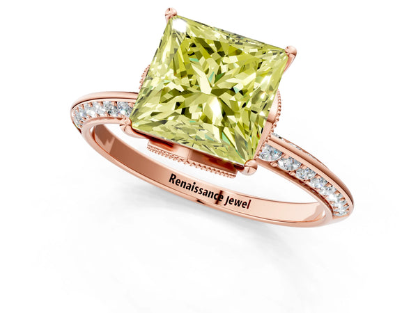 Rose Gold Princess Cut Graduated Pave Engagement Ring Setting for Fancy Yellow Center