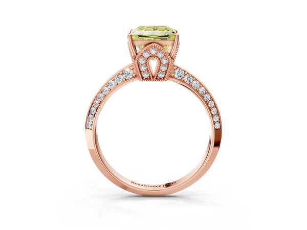 Rose Gold Princess Cut Graduated Pave Engagement Ring Setting for Fancy Yellow Center