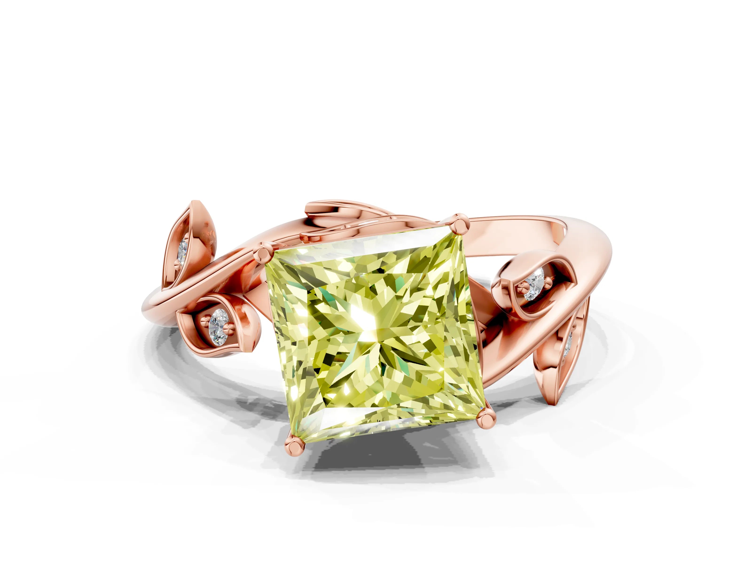 Rose gold Fancy Yellow Princess Cut Solitaire Twist Engagement Ring with Leaf Accents and Prong Setting_12