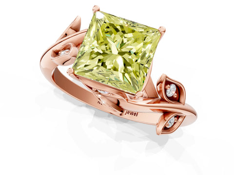 Rose gold Fancy Yellow Princess Cut Solitaire Twist Engagement Ring with Leaf Accents and Prong Setting_13