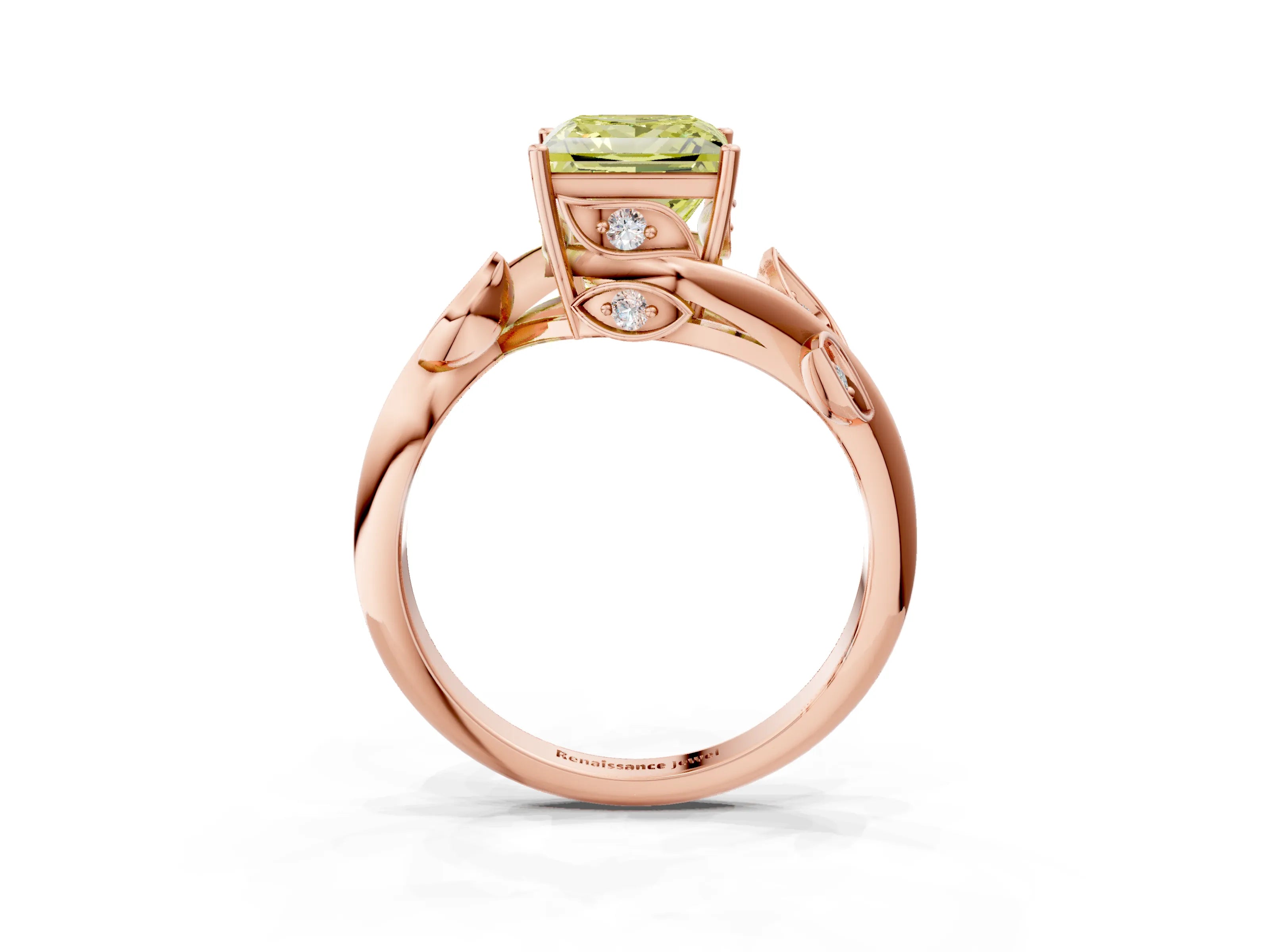 Rose gold Fancy Yellow Princess Cut Solitaire Twist Engagement Ring with Leaf Accents and Prong Setting_15