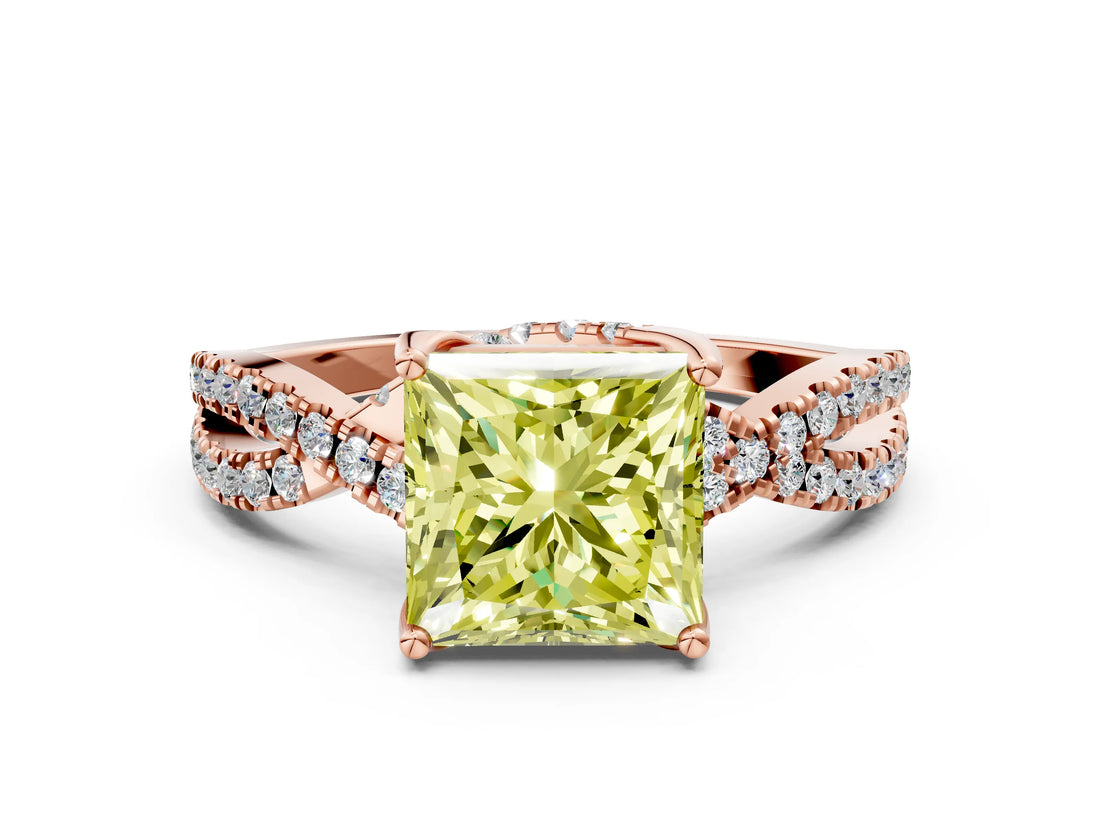 Rose gold Fancy Yellow Princess Cut Solitaire Twist Pave Diamond Engagement Ring with Prong Setting