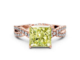Rose gold Fancy Yellow Princess Cut Solitaire Twist Pave Diamond Engagement Ring with Prong Setting
