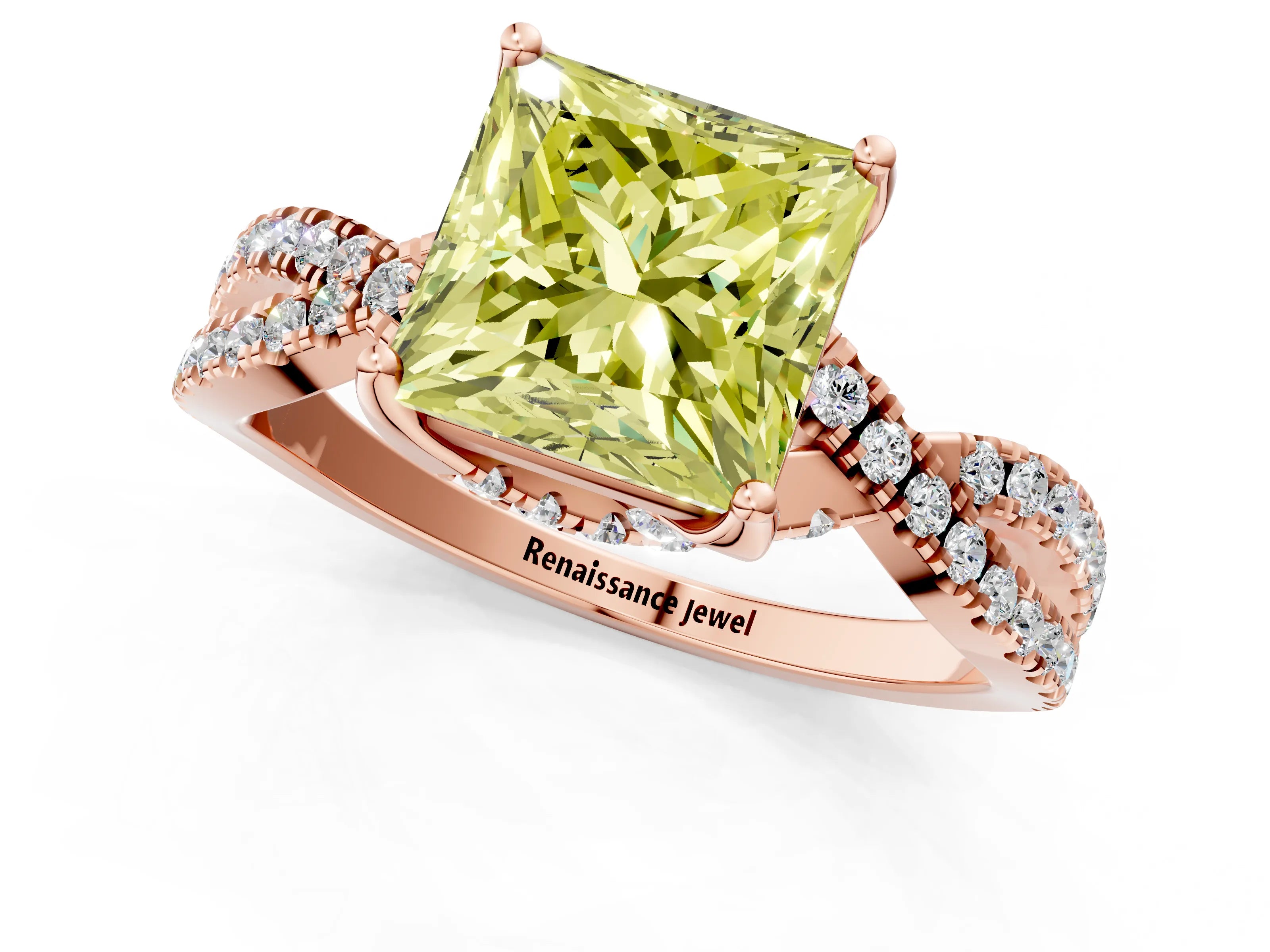 Rose gold Fancy Yellow Princess Cut Solitaire Twist Pave Diamond Engagement Ring with Prong Setting_1