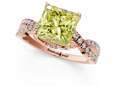 Rose gold Fancy Yellow Princess Cut Solitaire Twist Pave Diamond Engagement Ring with Prong Setting_1