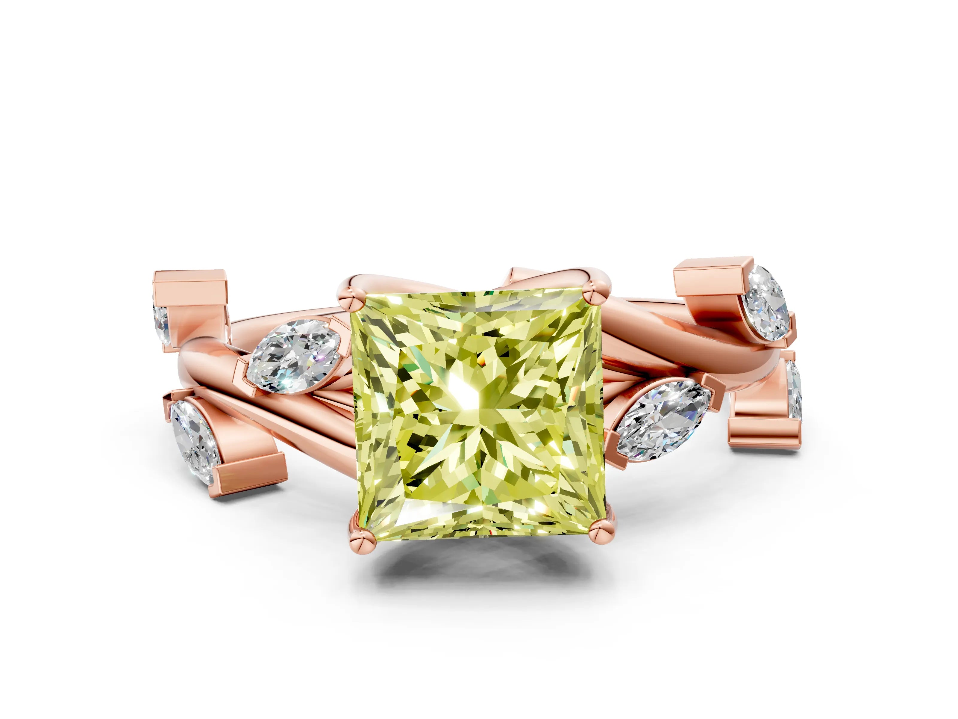 Rose gold Fancy Yellow Princess Cut Solitaire Twisted Band Marquise Accent Prong Setting Ring