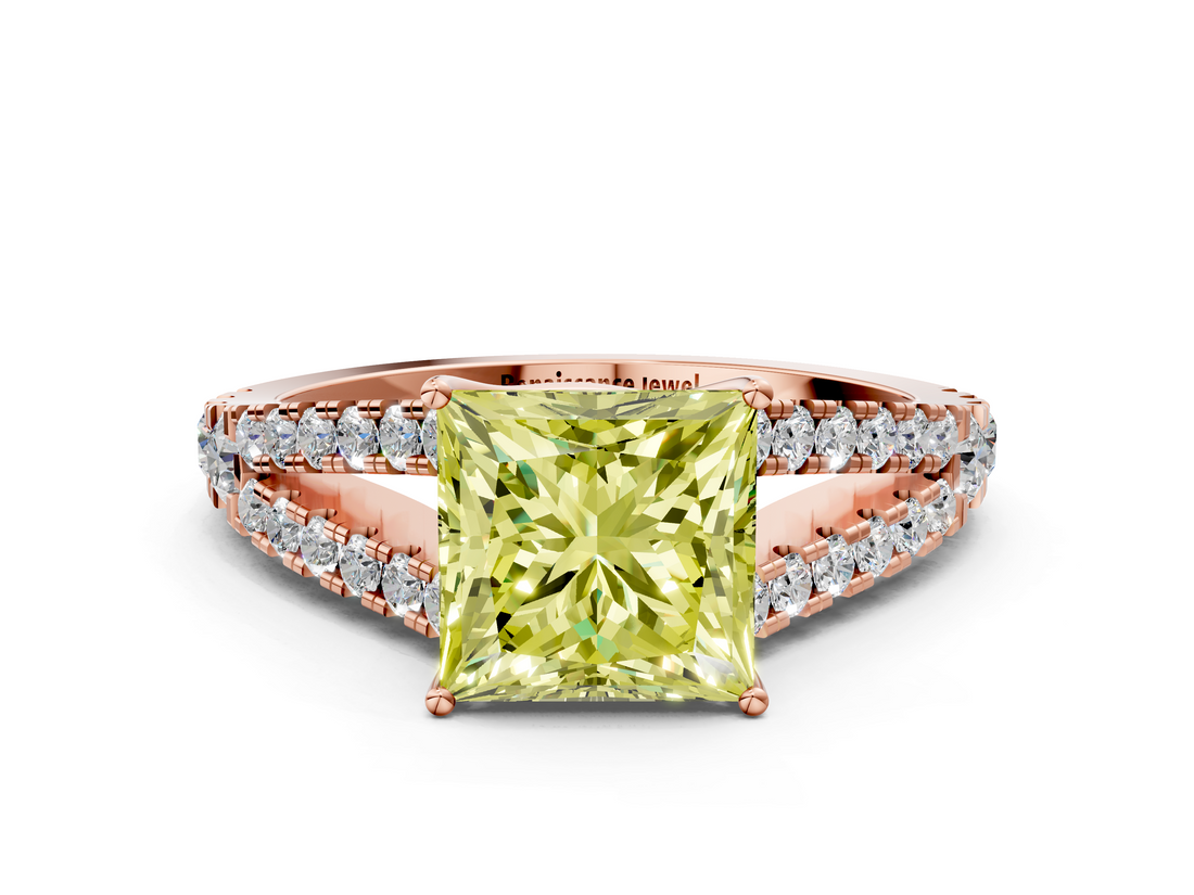 Rose gold Fancy Yellow Princess  Cut Split Shank Pave Diamond Engagement Ring with Four-Prong Setting