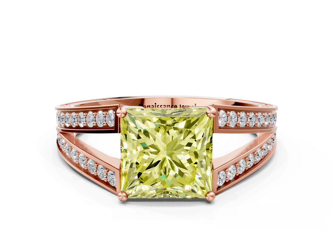 Rose gold Fancy Yellow Princess  Cut Split Shank Pave Diamond Ring with Four-Prong Setting