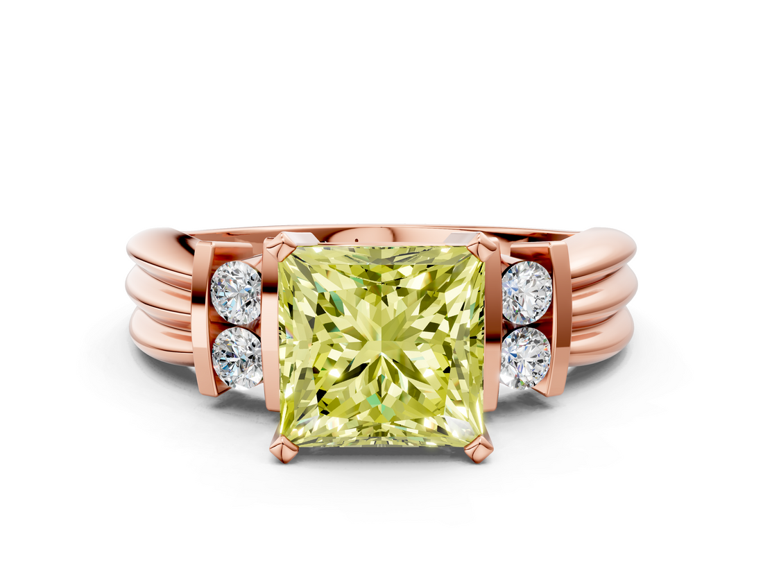 Rose gold Fancy Yellow Princess  Cut Three-Stone Channel Set Ring with Bar Prongs