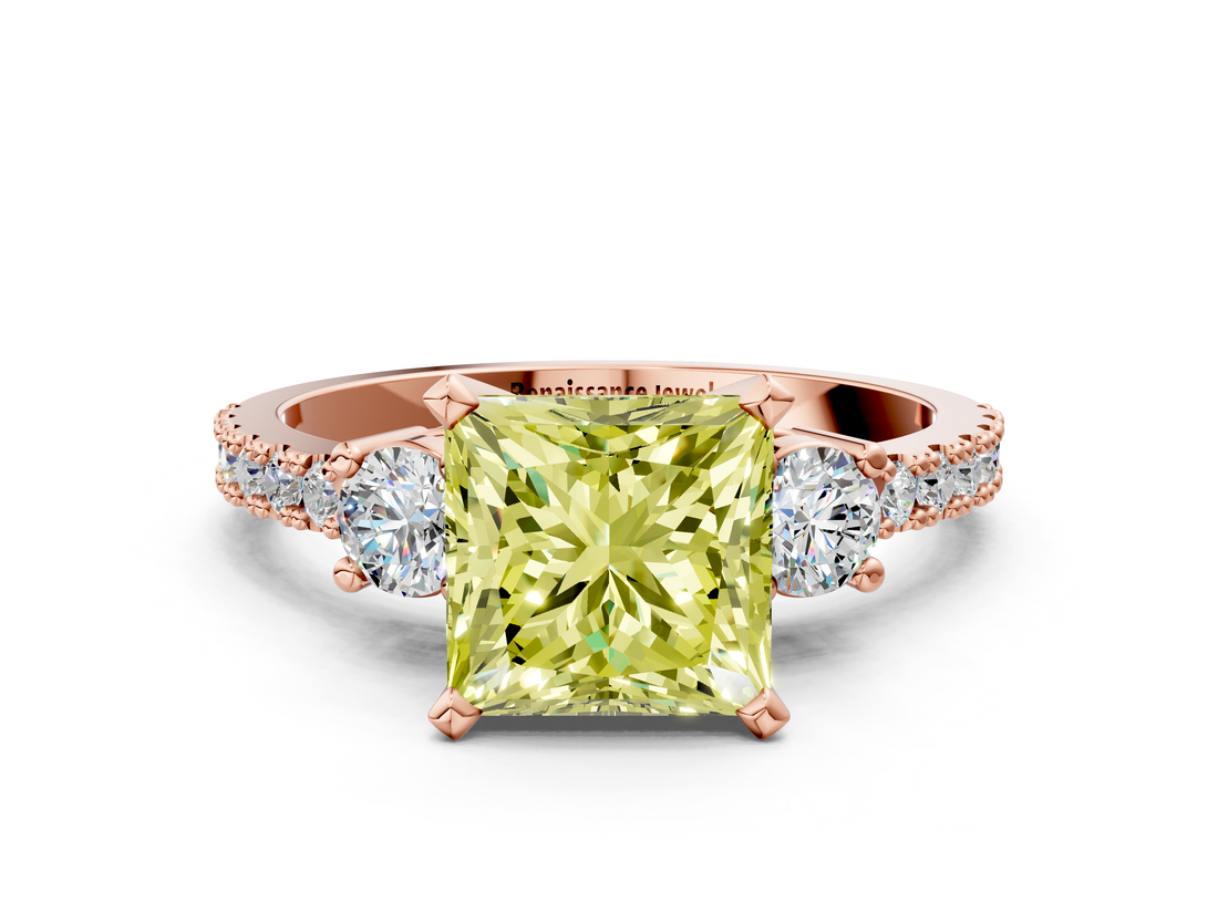 Rose gold Fancy Yellow Princess  Cut Three-Stone Diamond Pavé Band with Prong Setting