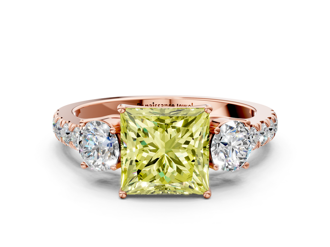 Rose gold Fancy Yellow Princess  Cut Three-Stone Diamond Pave Band with Prong Setting_18