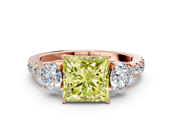 Rose gold Fancy Yellow Princess  Cut Diamond Three-Stone Ring with Round Side Stones and Pavé Band