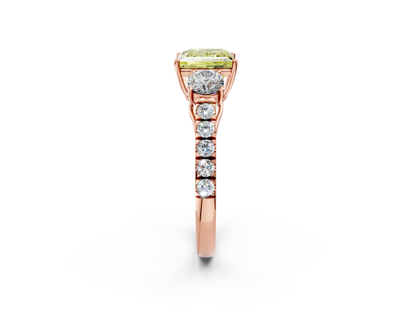 Rose gold Fancy Yellow Princess  Cut Diamond Three-Stone Ring with Round Side Stones and Pavé Band