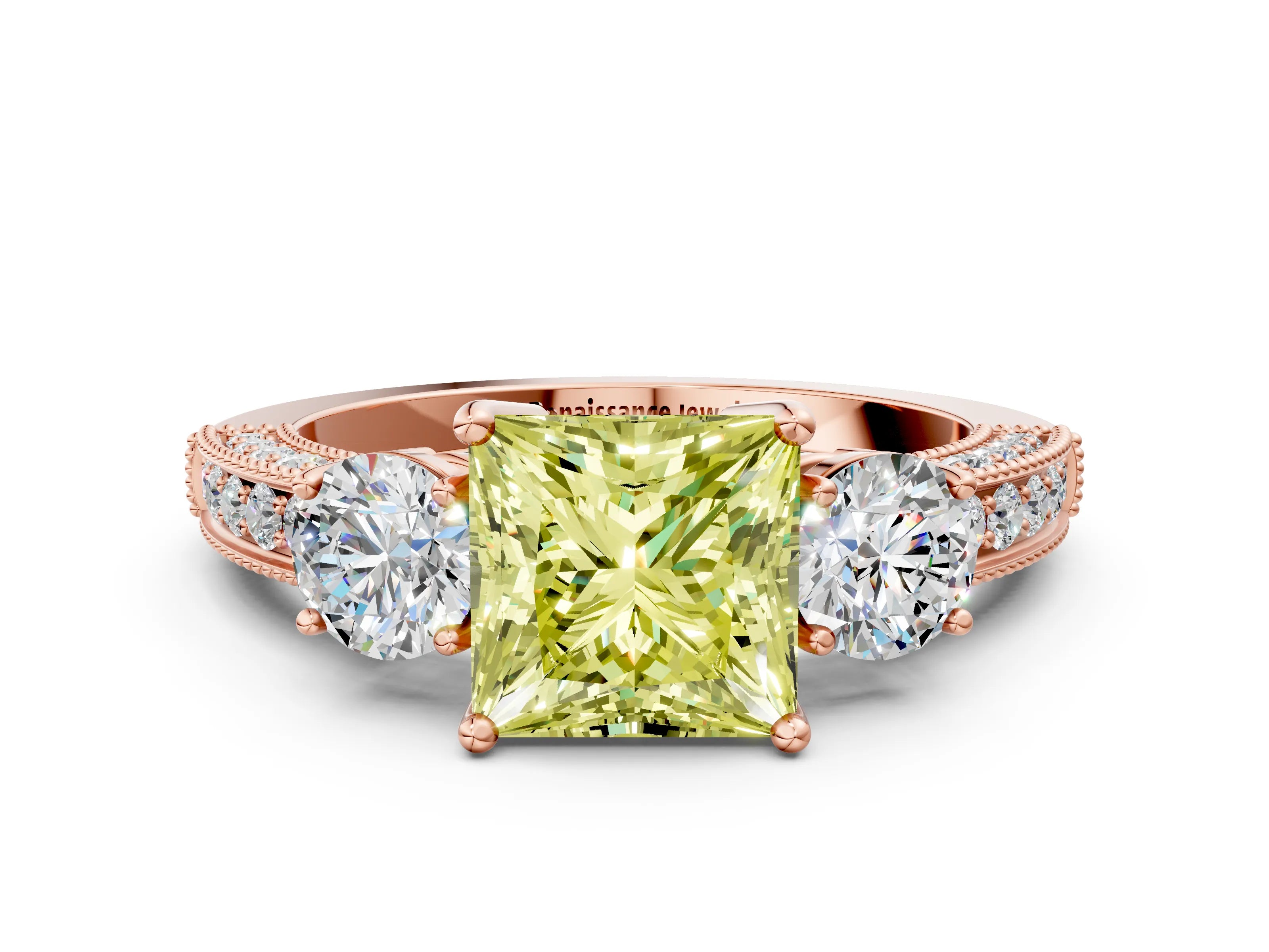 Rose gold Fancy Yellow Princess Cut Three-Stone Diamond Ring with Pavé Band and Four-Prong Setting