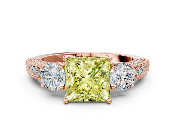 Rose gold Fancy Yellow Princess Cut Three-Stone Diamond Ring with Pavé Band and Four-Prong Setting