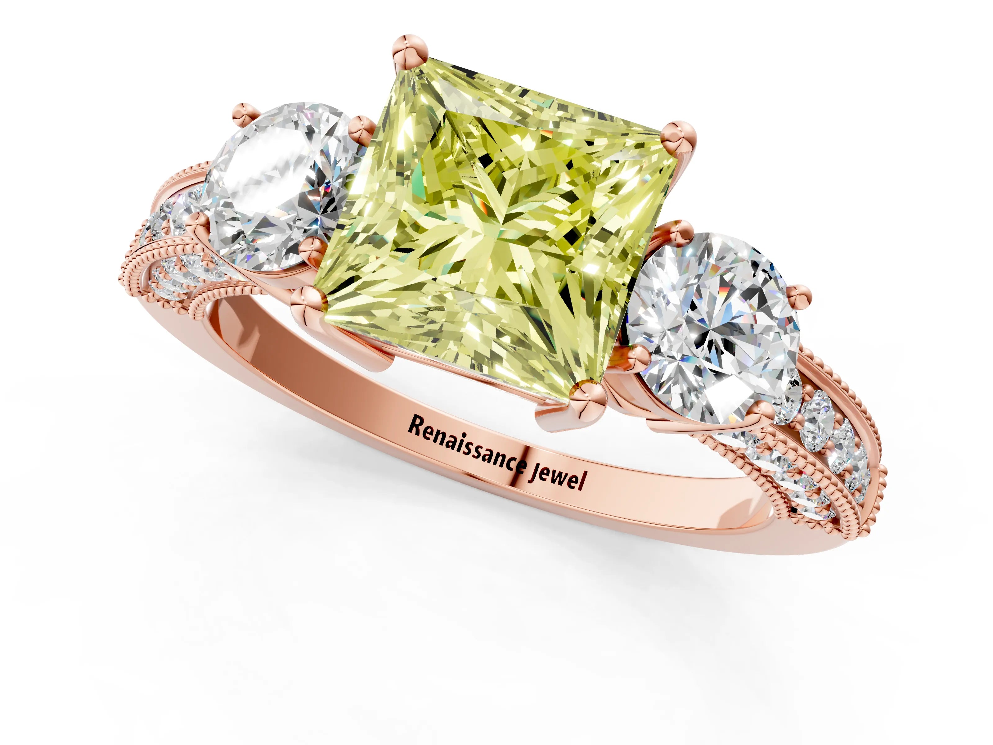 Rose gold Fancy Yellow Princess Cut Three-Stone Diamond Ring with Pavé Band and Four-Prong Setting_1