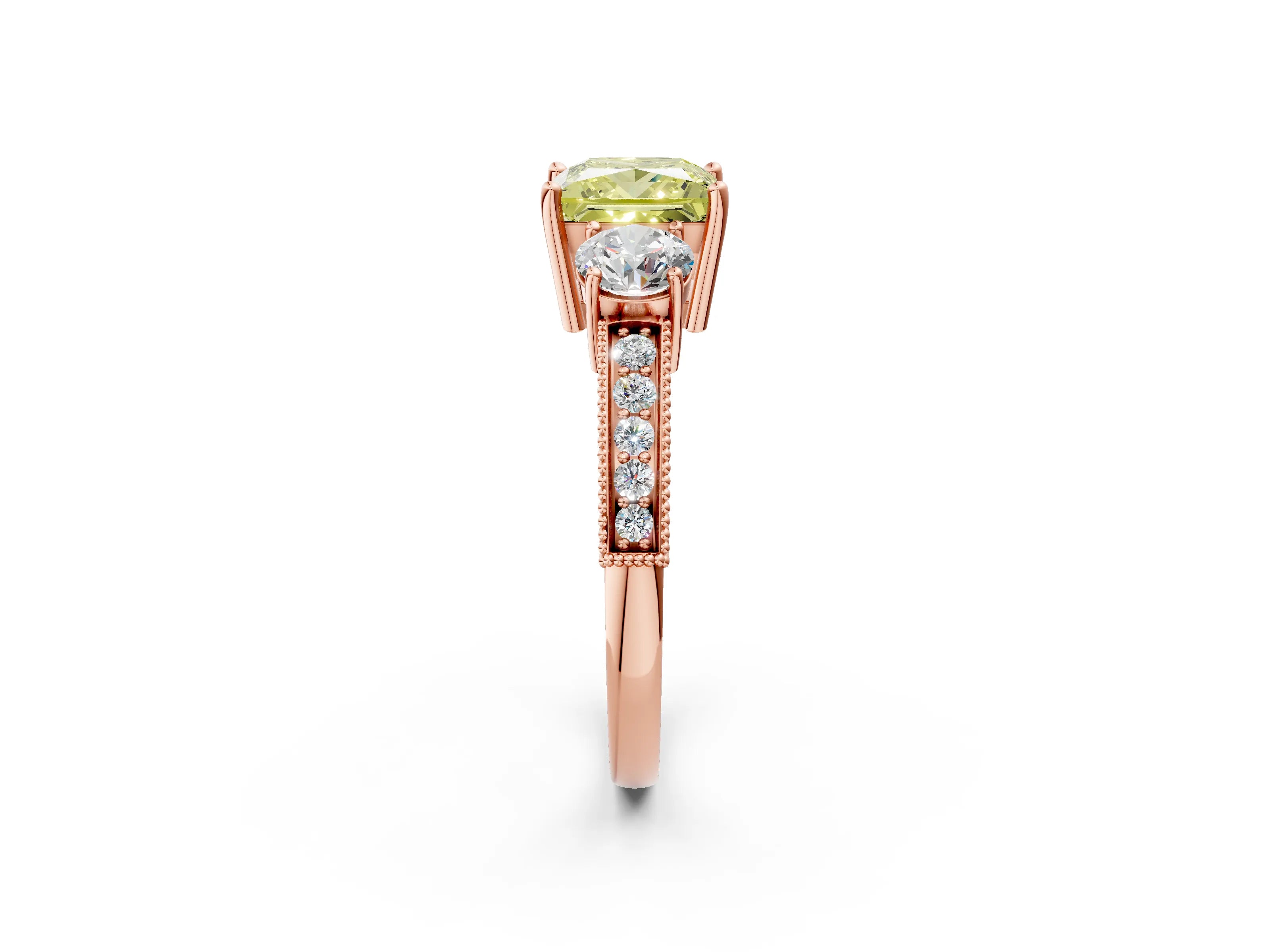 Rose gold Fancy Yellow Princess Cut Three-Stone Diamond Ring with Pavé Band and Four-Prong Setting_2