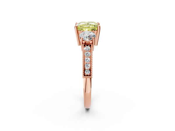 Rose gold Fancy Yellow Princess Cut Three-Stone Diamond Ring with Pavé Band and Four-Prong Setting