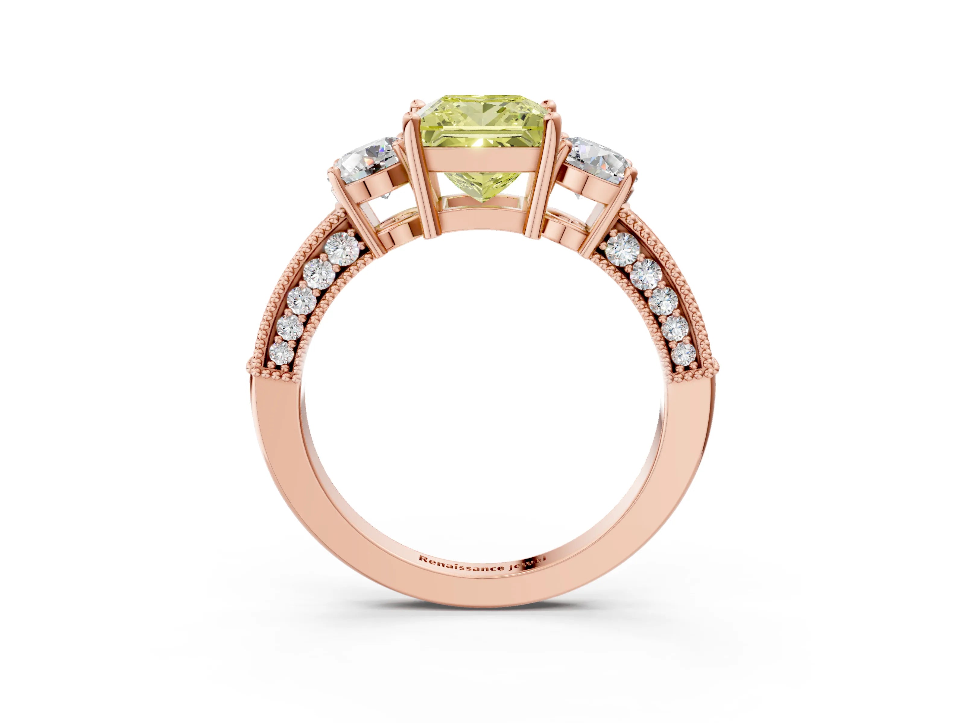 Rose gold Fancy Yellow Princess Cut Three-Stone Diamond Ring with Pavé Band and Four-Prong Setting_3