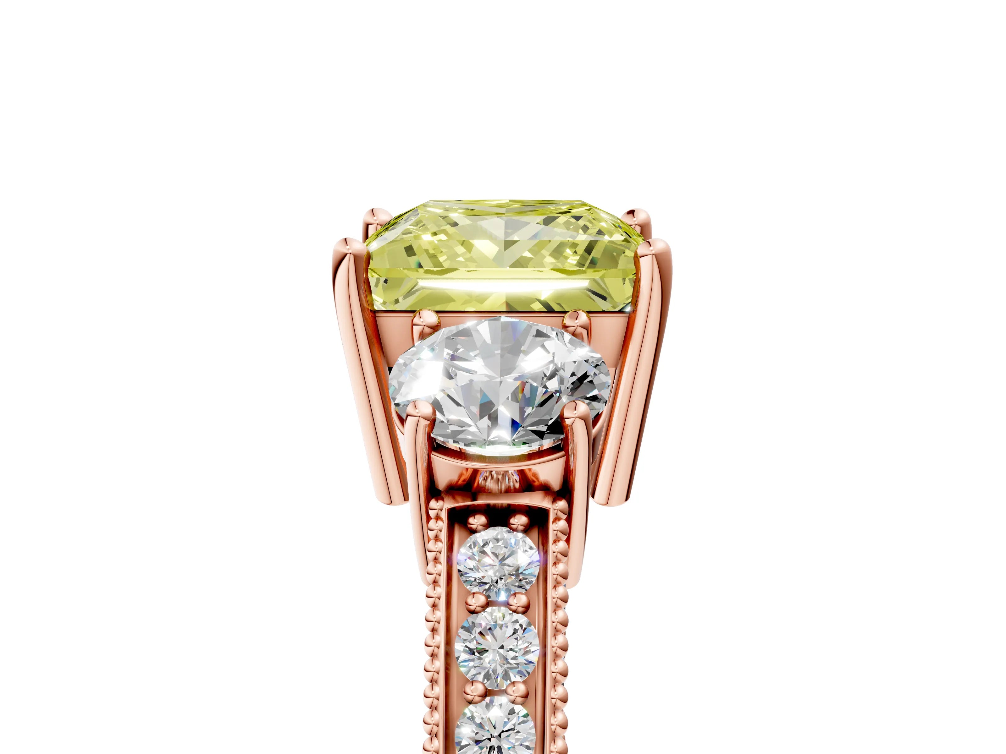 Rose gold Fancy Yellow Princess Cut Three-Stone Diamond Ring with Pavé Band and Four-Prong Setting_5