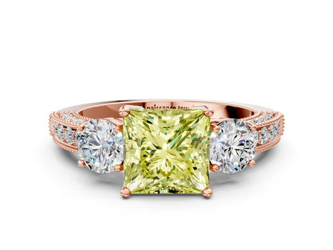 Rose gold Fancy Yellow Princess Cut Three-Stone Diamond Ring with Pavé Band and Four-Prong Setting