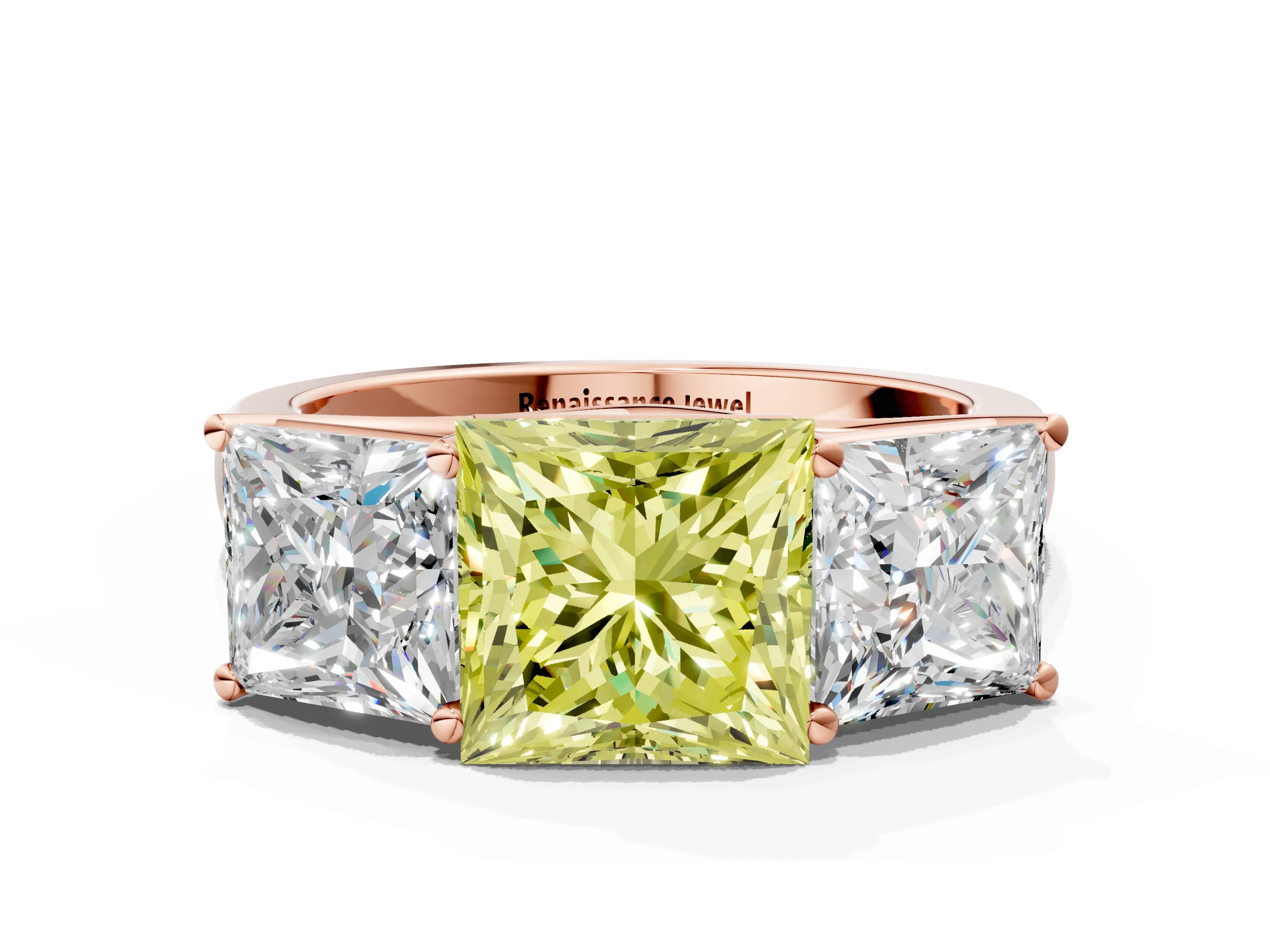 Rose gold Fancy Yellow Princess Cut Three-Stone Diamond Ring with Prong Setting on a Classic Band