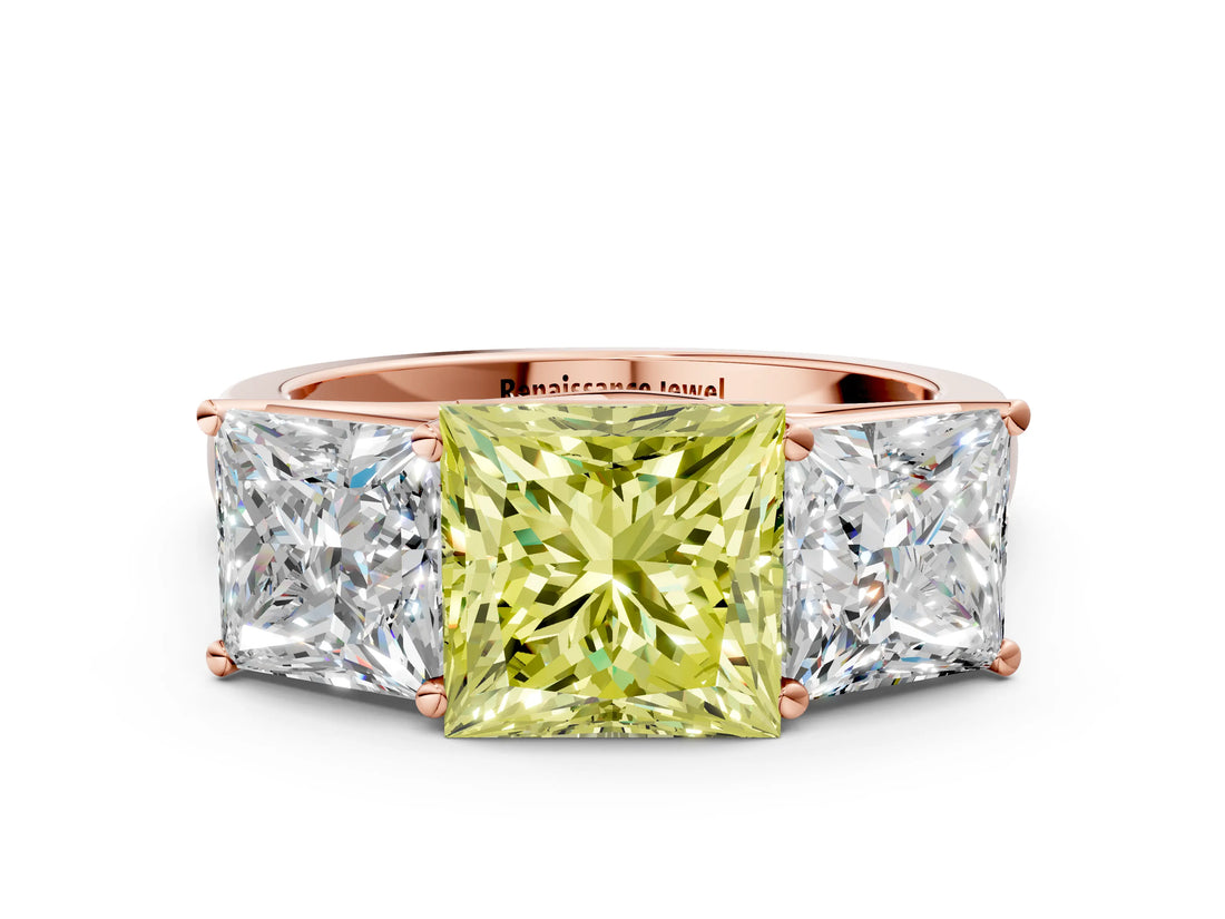 Rose gold Fancy Yellow Princess Cut Three-Stone Diamond Ring with Prong Setting on a Classic Band_12