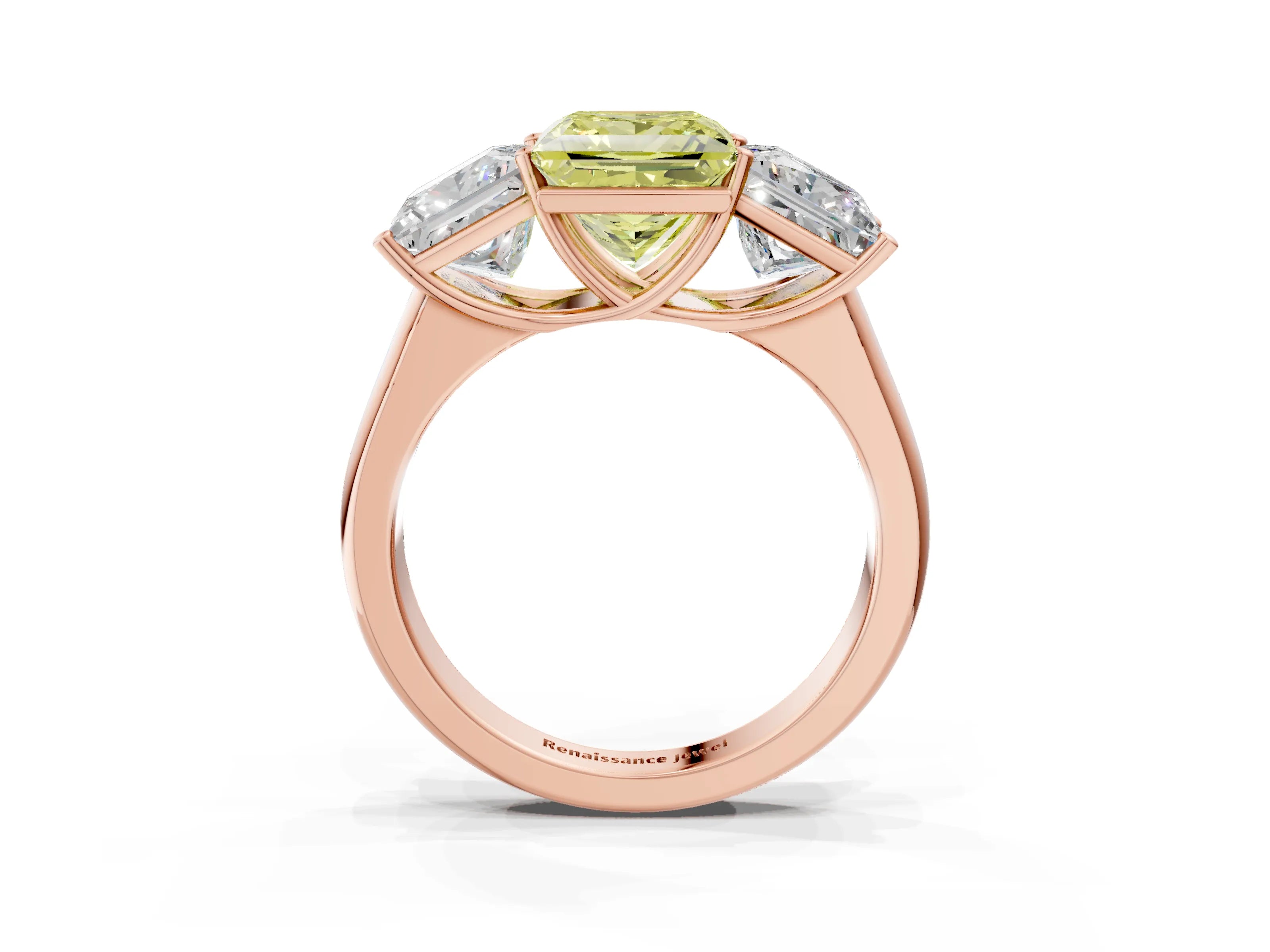 Rose gold Fancy Yellow Princess Cut Three-Stone Diamond Ring with Prong Setting on a Classic Band_3