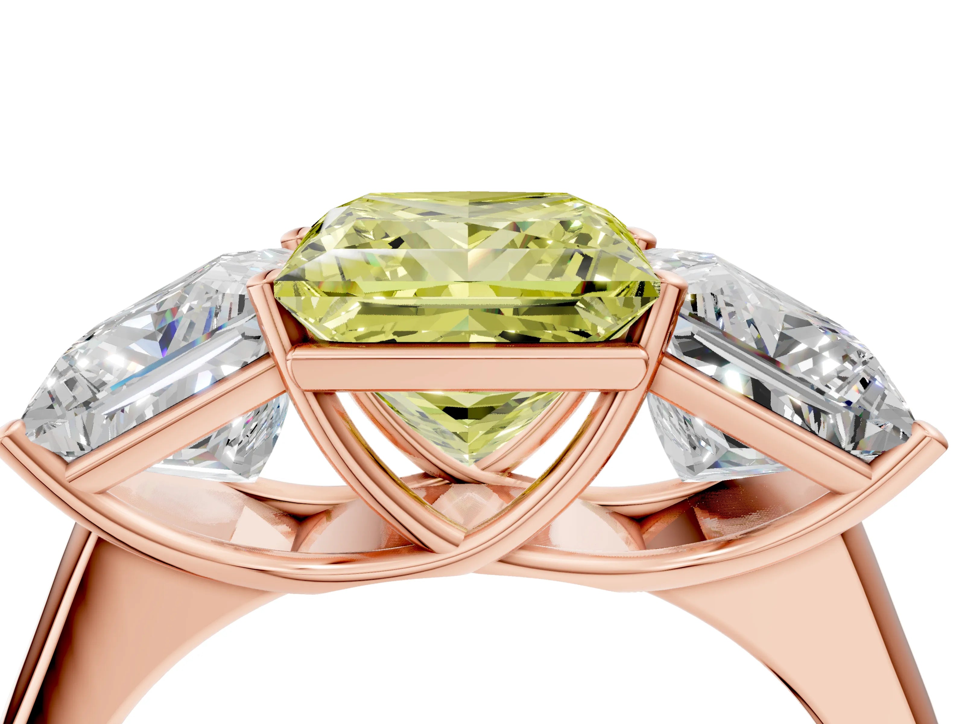 Rose gold Fancy Yellow Princess Cut Three-Stone Diamond Ring with Prong Setting on a Classic Band_4