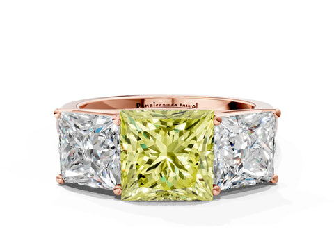 Rose gold Fancy Yellow Princess Cut Three-Stone Diamond Ring with Prong Setting on a Classic Band