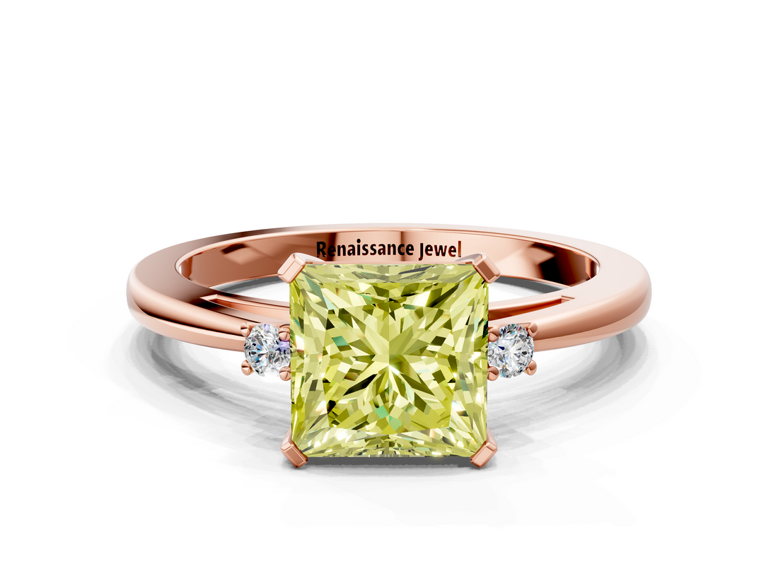 Rose gold Fancy Yellow Princess  Cut Three-Stone Solitaire Ring with Round Accent Diamonds and Four-Prong Setting