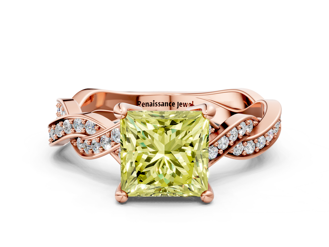 Rose gold Fancy Yellow Princess  Cut Twisted Pavé Band Solitaire Ring with Four-Prong Setting