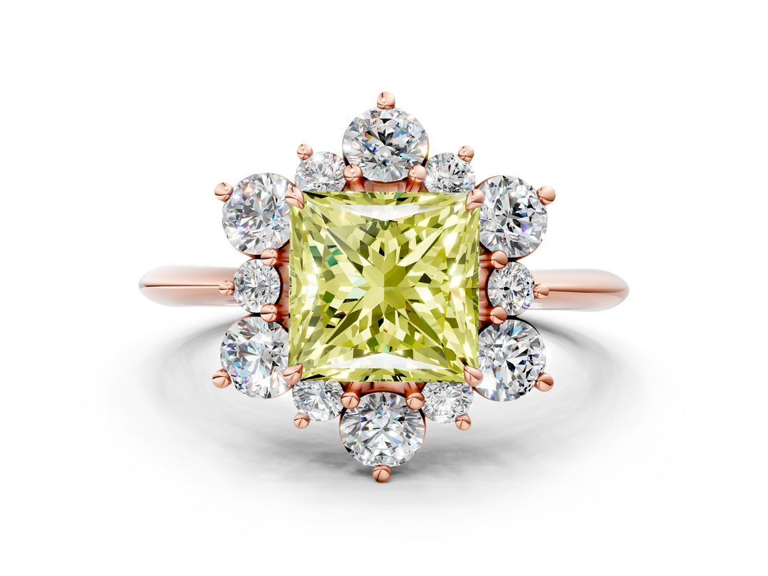 Rose gold Fancy Yellow Princess  Diamond Cluster Halo Ring with Solitaire Band and Four-Prong Setting