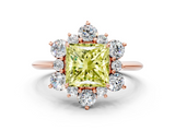 Rose gold Fancy Yellow Princess  Diamond Cluster Halo Ring with Solitaire Band and Four-Prong Setting