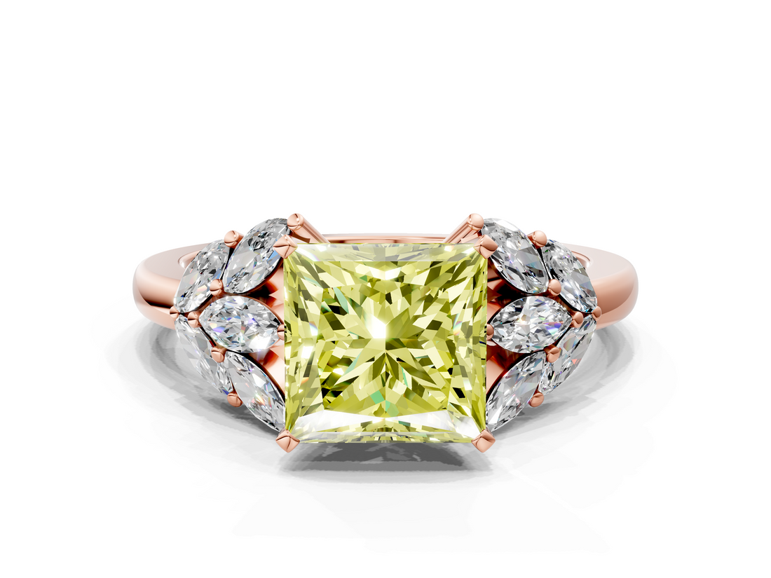 Rose gold Fancy Yellow Princess  Diamond Cluster Leaf Design Ring with Prong Setting