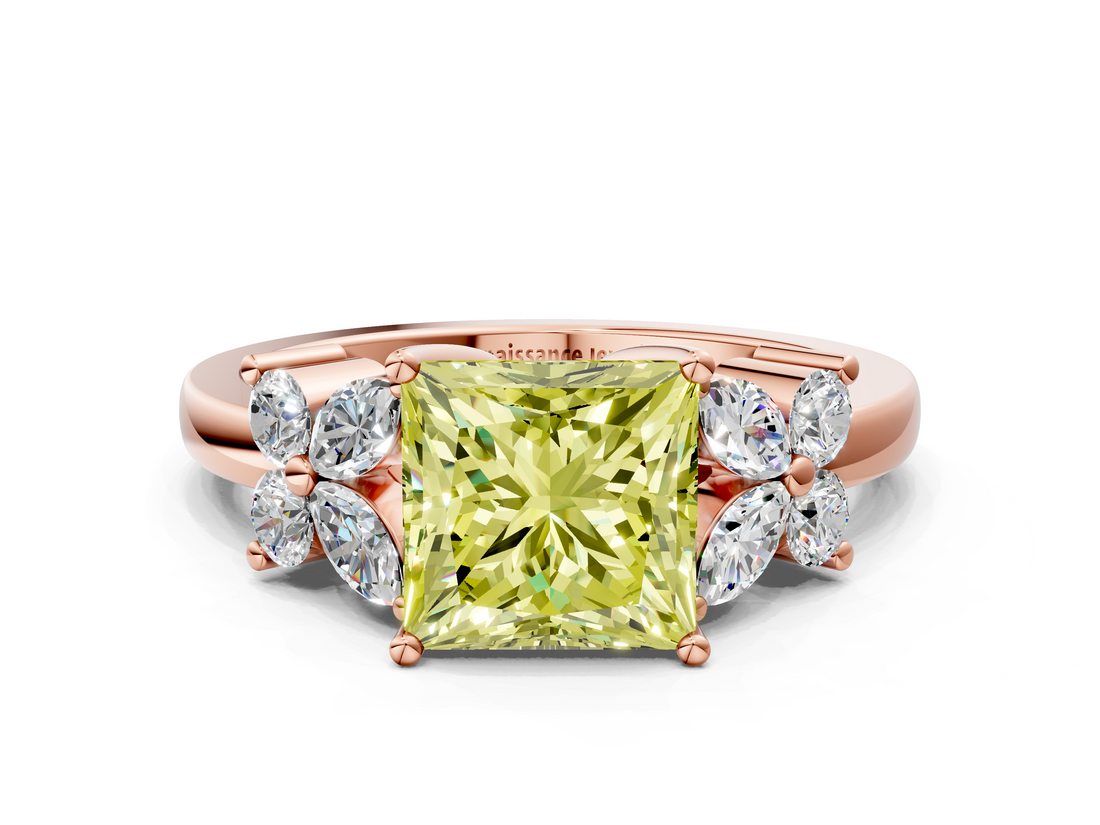 Rose gold Fancy Yellow Princess  Diamond Floral Cluster Ring with Solitaire Band and Prong Setting