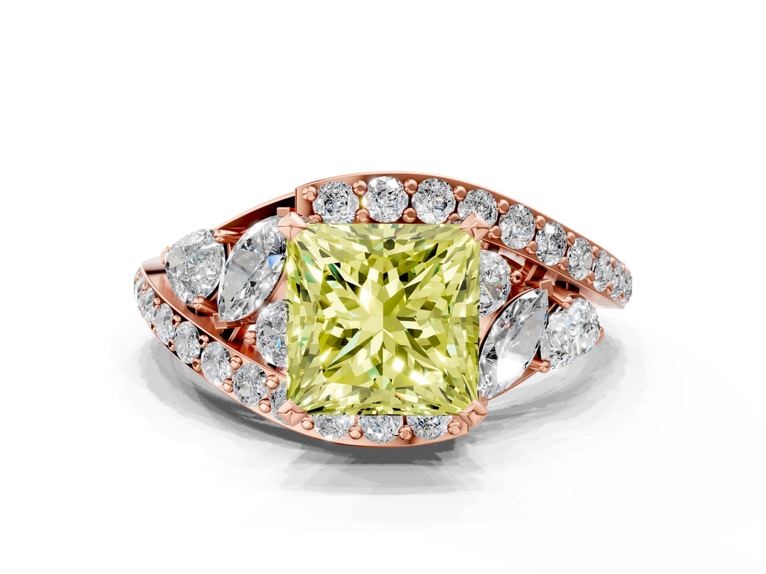Rose gold Fancy Yellow Princess  Diamond Halo Ring with Marquise and Pavé Band in Prong Setting