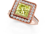 Rose gold Fancy Yellow Princess  Diamond Halo Ring with Milgrain Frame and Pavé Band 1