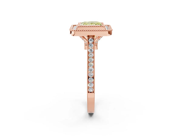 Rose gold Fancy Yellow Princess  Diamond Halo Ring with Milgrain Frame and Pavé Band