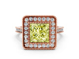 Rose gold Fancy Yellow Princess  Diamond Halo Ring with Milgrain Frame and Pavé Band