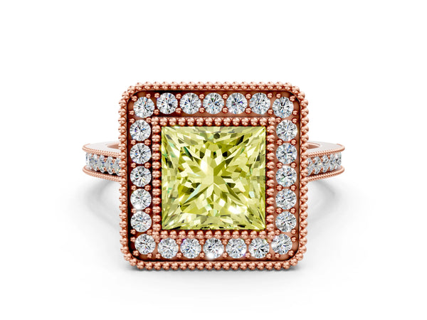 Rose gold Fancy Yellow Princess  Diamond Halo Ring with Milgrain Frame and Pavé Band
