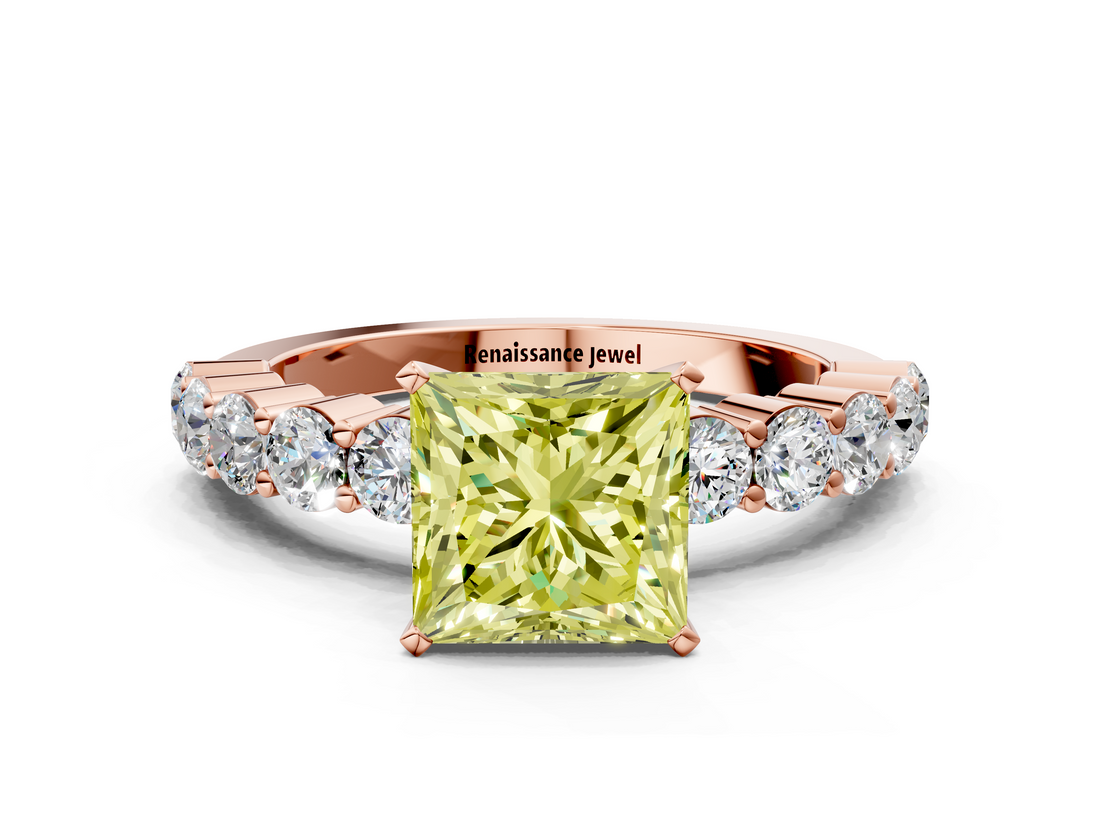 Rose gold Fancy Yellow Princess  Diamond Pavé Band Solitaire with Four-Prong Setting