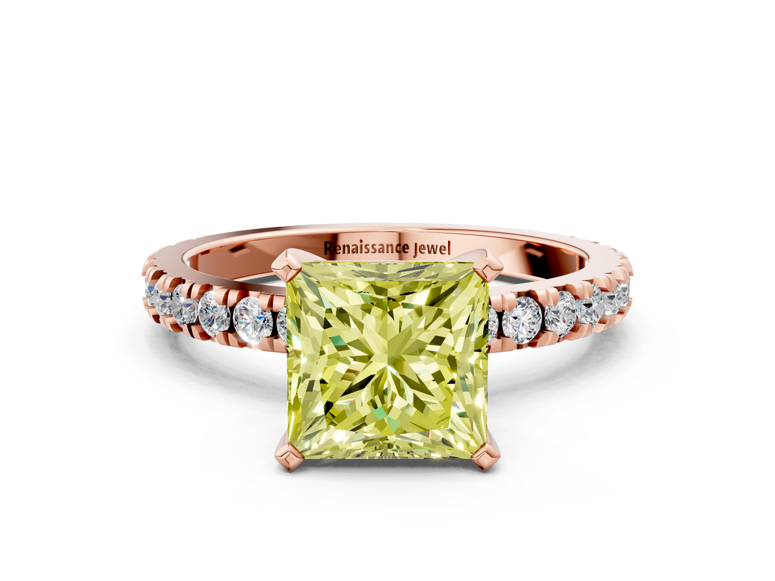 Rose gold Fancy Yellow Princess  Diamond Pavé Band Solitaire with Four-Prong Setting