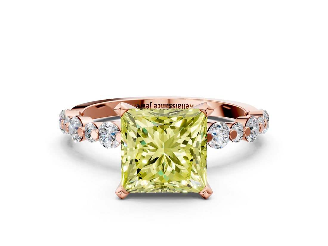 Rose gold Fancy Yellow Princess  Diamond Prong Set Engagement Ring with Pave Band
